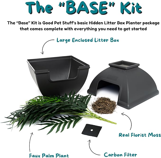 Good Pet Stuff Courtyard Hidden Litter Box Planter, Decorative Cat Litter Enclosure with Carbon Filter, Artificial Palm Plant, Square Design, Easy to Clean, Base Kit, Black Suede