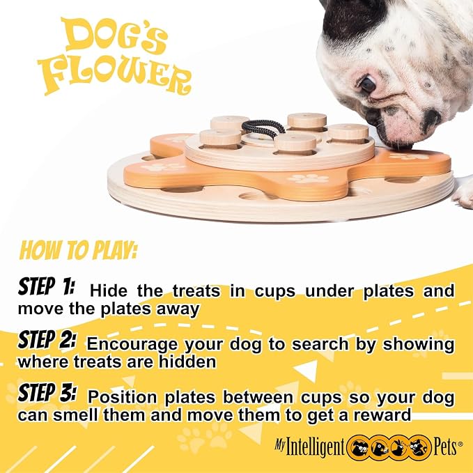 Dog's Flower - Interactive Wooden Puzzle Toy for Dogs, Brain Game for Mental Stimulation and Enrichment, All-Wood Design for Smart Dogs