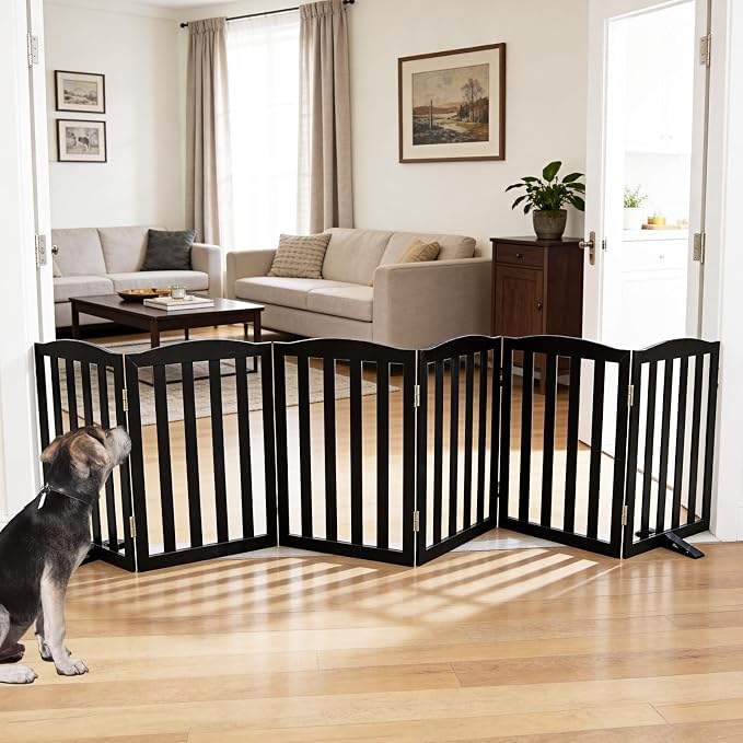 ZJSF Foldable Freestanding Indoor Dog Gate for House Wood White Long Pet Gates Dog Fence for Stairs Puppy Gates for Hallways, Puppy Gate,Support Feet Included, Black, 24 "Height-6 Panels