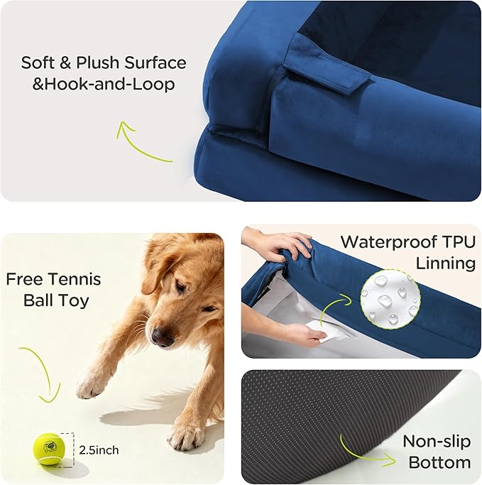 Orthopedic Memory Foam Dog Bed, 42x30, Waterproof for Large Dogs | Removable, washable cover • Waterproof memory foam liner • Bolstered couch design for joint relief • Includes tennis ball toy