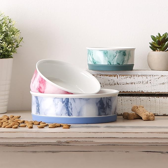Bone Dry Ceramic Marble Non-Slip Pet Bowls, Dishwasher Safe, Large Set, 7.5x2.4, Blue, 2 Count