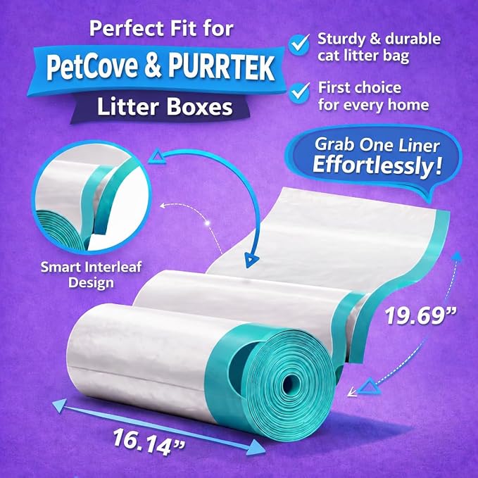 50 Count Cat Litter Liners - Compatible with Petcove & Purrtek Litter Boxes – Heavy Duty, Leak-Proof