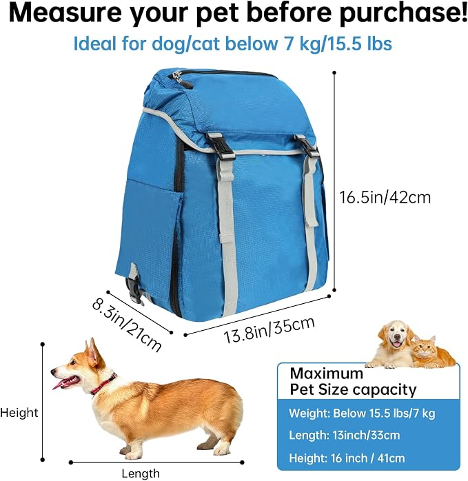 Cat Dog Backpack Carrier for Hiking Travel Portable Pet Daypack for Dog Cat Below 7kg/15.5lbs-Blue
