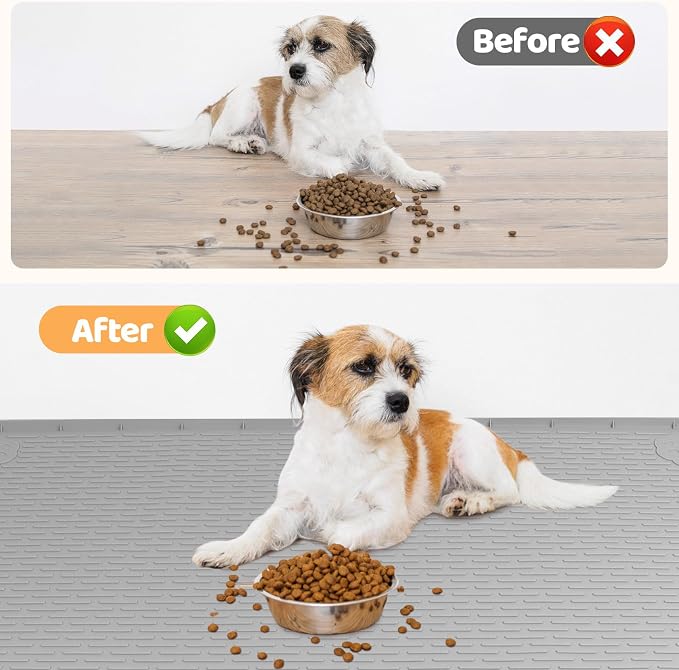 Dog Food Mat, Extra Large 57" x 40" Silicone Pet Feeding Mat with Raised Edge Pet Placemat for Small, Medium, and Large Pets Non-Slip, Easy to Clean (Light Grey)