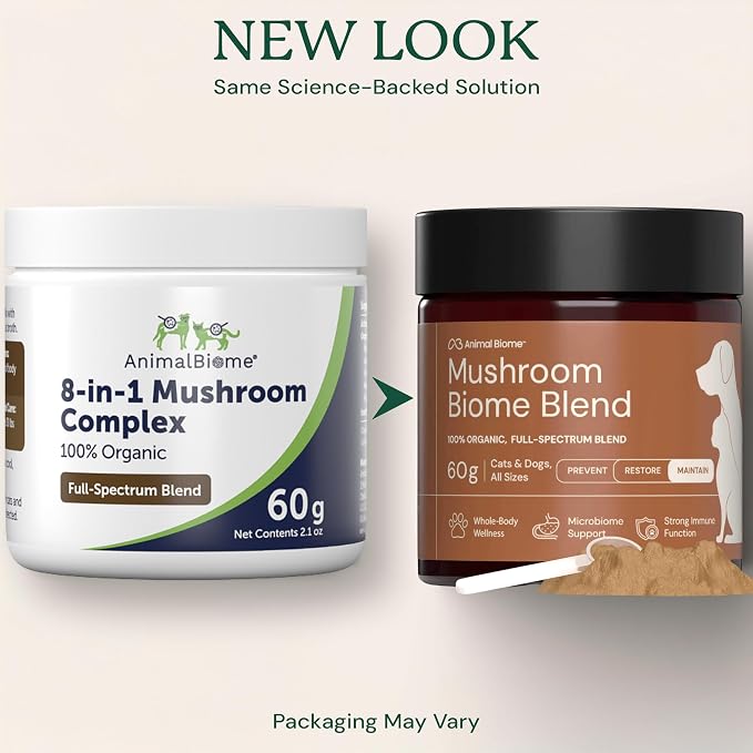 Animal Biome 8-in-1 Mushroom Supplement for Dogs & Cats, 60g (105 Scoops) – Turkey Tail Mushroom, Lion’s Mane Blend – Organic Mushroom Powder for Cat & Dog Immune & Wellness Support, Daily Food Topper