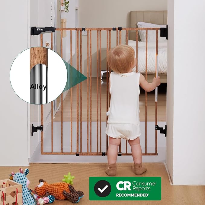 Babelio Baby Gate for Stairs & Doorways, 26-43" W 28" H No Bottom Bar| Easy Installation| One-Handed Operation| Auto-Close| Hardware Mount (Drill Needed) Safety Dog/Pet Gate (Brown Wood Pattern)