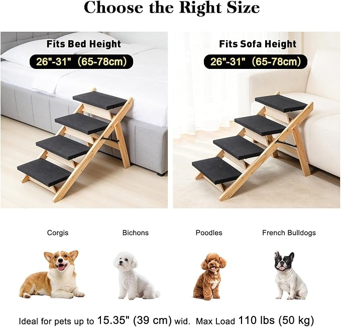BRIKY 2-in-1 Dog Stairs/Ramp with 4 Steps, Foldable Dog Stairs for High Beds Cars Couch, Durable Wooden Pet Stairs for Small Medium Large Dogs, No Assembly Required