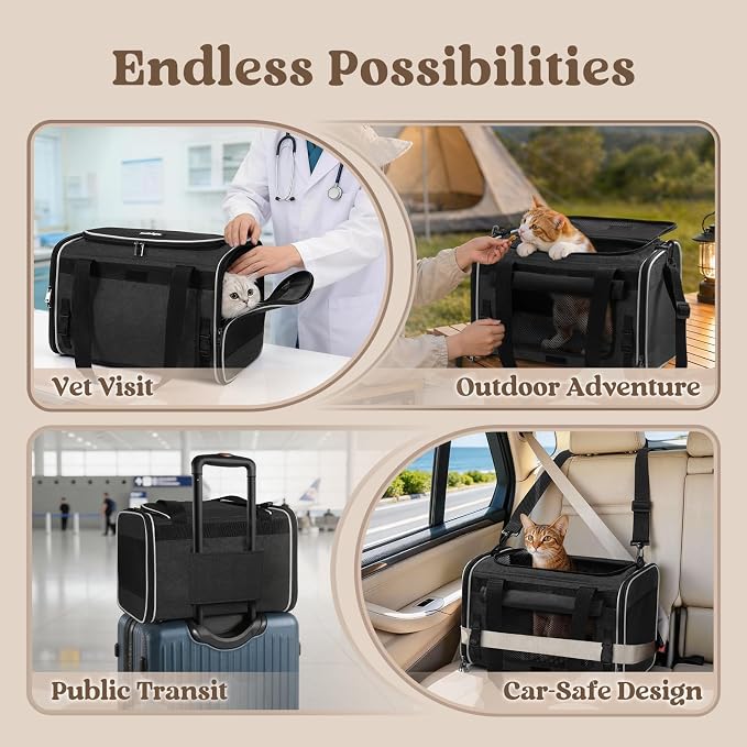 rabbitgoo Cat Carrier Soft, Pet Bag with Rollable Flap for Anxious Kittens, Travel Safe for Car Airline, Collapsible Portable Carrying for Medium to Large Cats, Black, 19" L x 12" W x 12" H