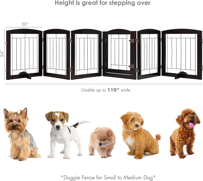 PAWLAND Dog Gate Indoor with Walk Through Door, Foldable Free Standing Pet Gate for Doorways, Stairs, the Houes, Pet Puppy Safety Fence, 120 in Extra Wide, 6 Panels, Support Feet Included, Espresso