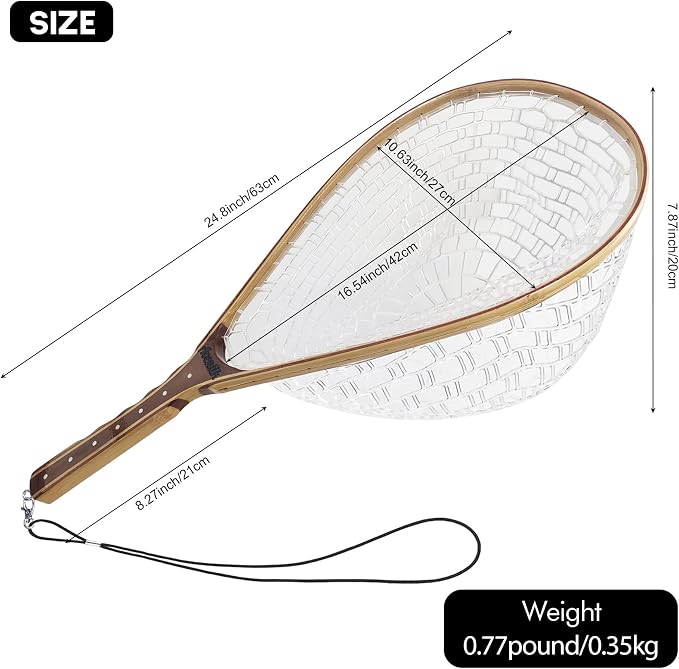 Riverruns Fly Fishing Net Landing Net Wooden Net Soft Rubber Mesh Trout Net Freshwater Saltwater Fishing Net with Safety Cord Net Gifts for Father Men