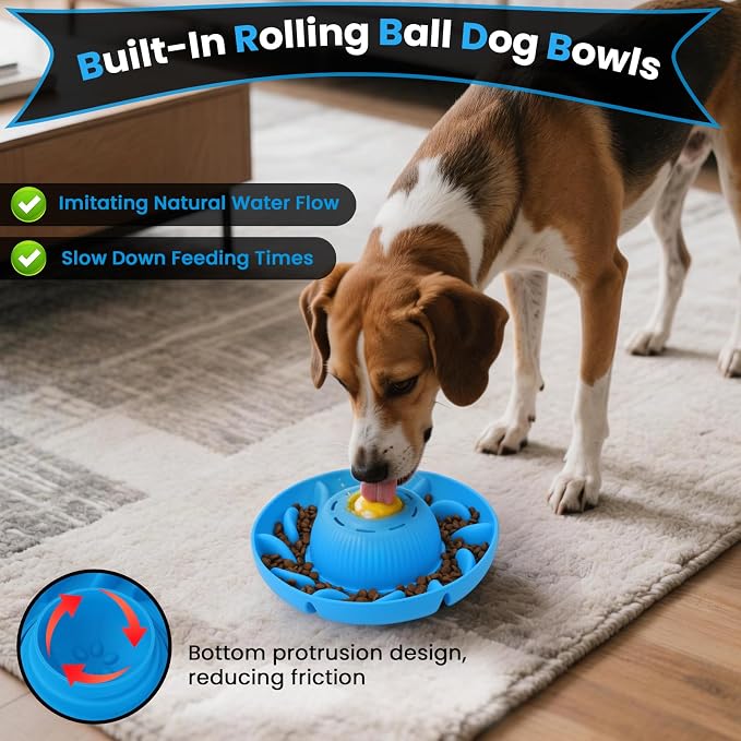 PUPPYGANG 2-in-1 Slow Feeder Dog Bowl for Large Dogs — Silicone Dry Food Maze & Wet Food Lick Ball with Suction Cup, Interactive Puzzle Feeder, Non-Slip & Detachable, Easy to Clean (Blue)