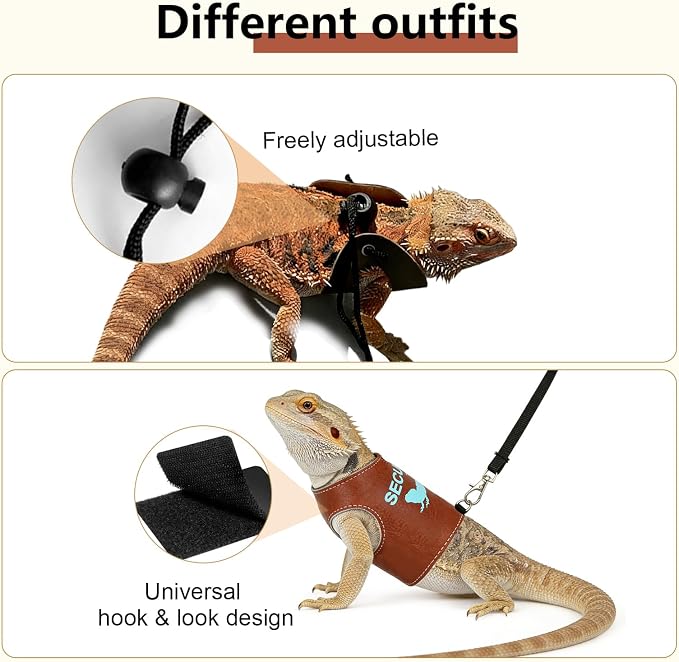Bearded Dragon Carrier Backpack with Two Security Printing Harness with Leash Sets, Reptile Lizard Travel Bag to Carry and Transport Small Animal Kitten Bunny Guinea Pig to Vet(Brown, PU Leather)