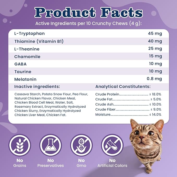 Calming Treats for Cats, 500 Crunchy Creamy Calm Chews Relieve Anxiety, Stress & Reduce Aggression with Melatonin & GABA All Cats Promotes Relaxation for Travel, Vet Visits, Separation -Chicken Flavor