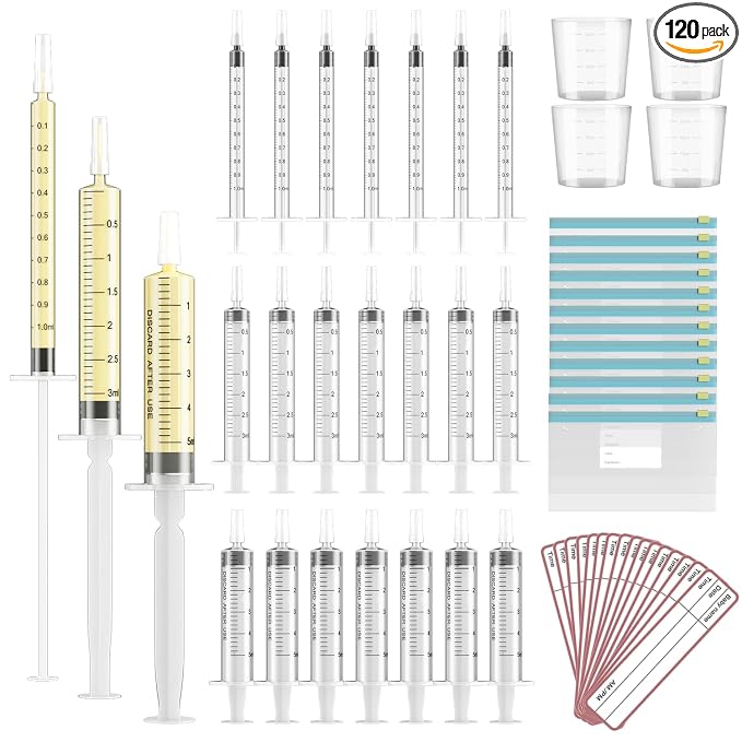 120 Sets 1/3/5ml Colostrum Collector Kit Include No Needle Colostrum Syringes with Caps 1/3/5mlx60, Stickerx120, 20ml Measuring Cupx4, Ziplock Storage Bagx12 for Breastmilk Collector