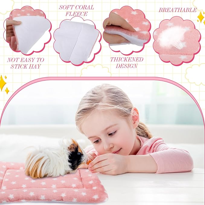 Tudomro 10 Pcs Guinea Pig Bed Mat with Cleaning Dustpan Brush 15" x 11" Animal Bedding Fleece Bunny Sleeping Pad for Small Dogs Cats Rats Hedgehogs Ferrets Hamster Indoor(Heart Bear)