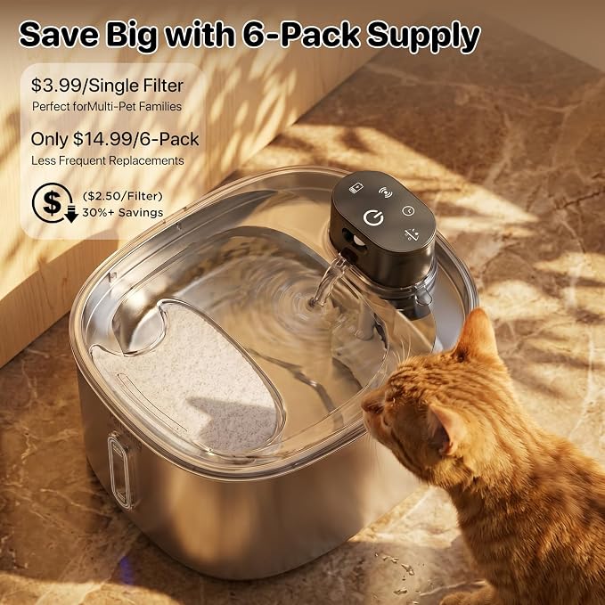 PartsBling Cordless Cat Water Fountain Stainless Steel, 4.2L/142oz Battery Operated Pet Fountain, Ultra Quiet Water Dispenser Cats&Dogs, 5000mAh Rechargeable, Easy to Clean, Includes 4 Filters, White