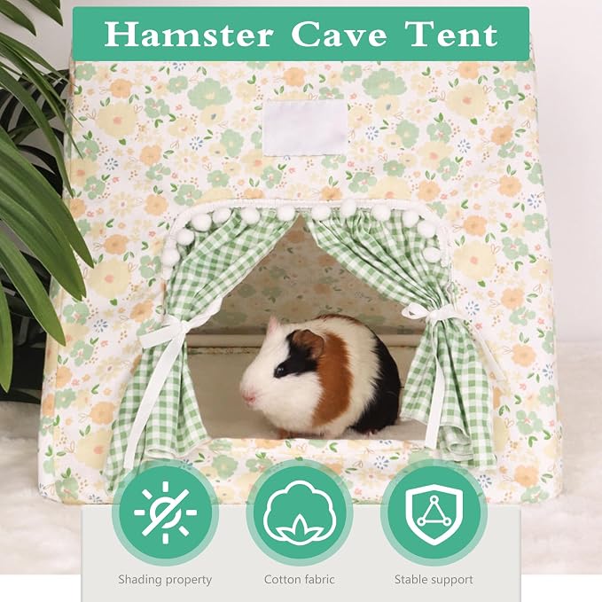 Hamster Hideout Tent with Curtain,Bunny Hideout, Machine Washable Guinea Pig Hide Tent Houses & Habitats, Triangular Hideout Shelter Small Animal Bed,Ferret, Rat, Chinchilla, Squirrel（Green）