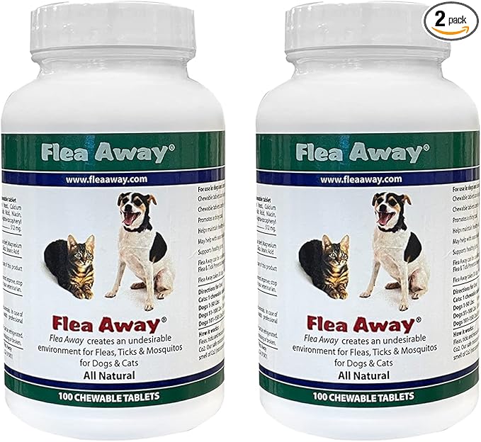 Flea Away All Natural Supplement for Fleas, Ticks, and Mosquitos Prevention for Dogs and Cats, 100 Chewable Treat Tablets, 2 Pack