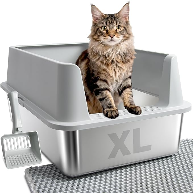 Stainless Steel Litter Box, Extra Large Litter Boxes for Kittens to Big Cats, XL Metal Cat Litter Box with High Sides Lid, Anti-Urine Leakage, Easy Clean, Non-Sticky, Includes Scoop & Mat