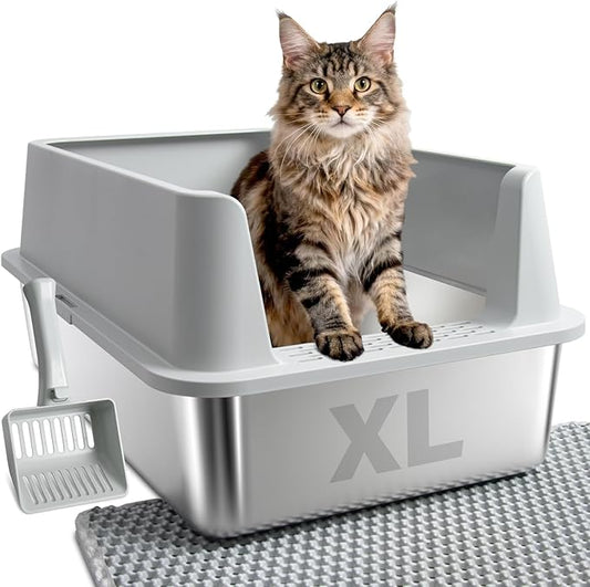 Stainless Steel Litter Box, Extra Large Litter Boxes for Kittens to Big Cats, XL Metal Cat Litter Box with High Sides Lid, Anti-Urine Leakage, Easy Clean, Non-Sticky, Includes Scoop & Mat