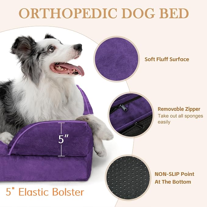 Comfort Expression Orthopedic Dog Bed for Extra Large Dogs 42x30 Inch, Waterproof Egg Crate Foam XL Pet Bed with Removable Bolsters, Dog Couch with Washable Cover & Non-Slip Bottom, Deep Purple