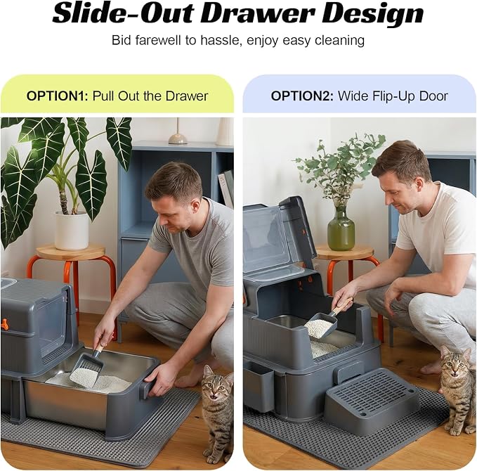 Stainless Steel Litter Box with Drawer, XL Enclosed Metal Litter Box with Lid, for Kittens & Multi-Cat Homes, Easy-Clean, Activated Carbon Odor Filter