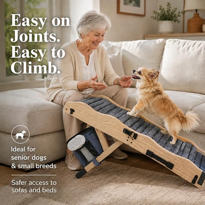 2026 Upgraded Dog Ramp for Couch & Low Bed, 33" L Folding Wood Pet Ramp 200LB Capacity, 4-Level Adjustable Height 11"-20", Non-Slip Sturdy Puppy Ramp for Small & Senior Dogs, Joint Relief, Wavy Design