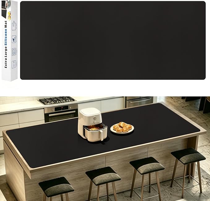120" x 24" Extra Long Kitchen Island Protector, Silicone Countertop Mat for Large Islands, Heat Resistant Waterproof Countertop Protection, Food Safe Non-Slip Silicone Surface, Black