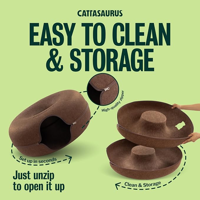 Cattasaurus Peekaboo Cat Cave Donut for Multiple & Large Cats up to 30-45 lbs, 3-in-1 Self Warming Cat Bed, Tunnel & Scratcher for Indoor Cats, Washable & Detachable Small Dog Bed (Brown, Jumbo)