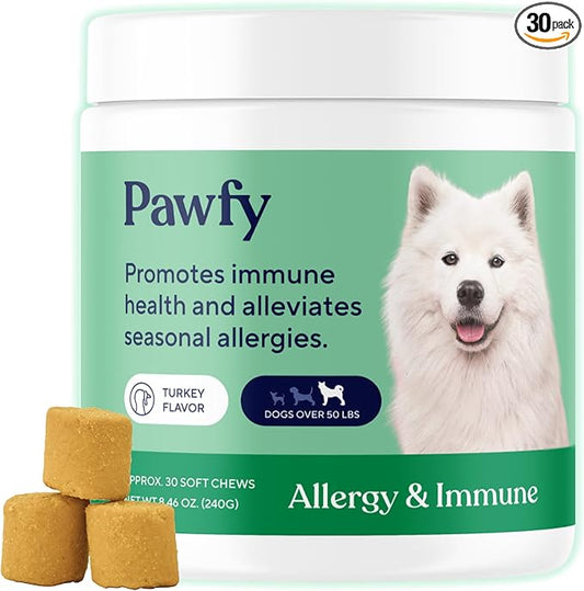 Pawfy Dog Allergy Chews for Large Breed with Itchy Skin & Paw Licking | Allergy & Immune Support for Dogs with Probiotics, Salmon Oil, Turmeric & Vitamin B12 | 30 Turkey Flavoured Chews