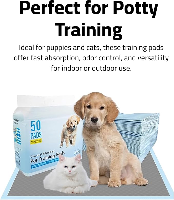 Epsilon Activated Charcoal Bamboo Odor Control Puppy Pads – 50 Count, Large Disposable Pee Pads w/ Super Quick Absorbent & 6-Layer Leak-Proof for Puppies & Cats - 24 x 36