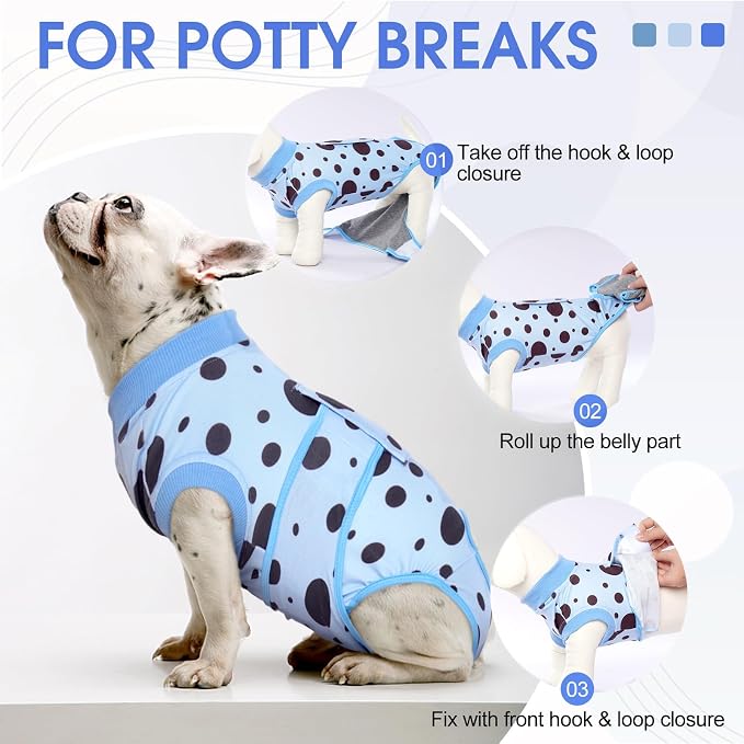 Kuoser Dog Surgery Suit, Soft Dog Spay Recovery Suit Female, Anti Licking Neuter Recovery Suit for Male Dogs, Post-Op Pet Surgical Suit Protective Wear E-Collar & Cone Alternative,Blue Polka Dots XS