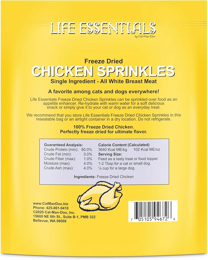 Life Essentials by Cat-Man-Doo | Chicken Sprinkles - 2 Pack of 5oz. Bags | Freeze Dried Chicken Cat & Dog Treats | Healthy, Single Ingredient, Training Treats, High Protein