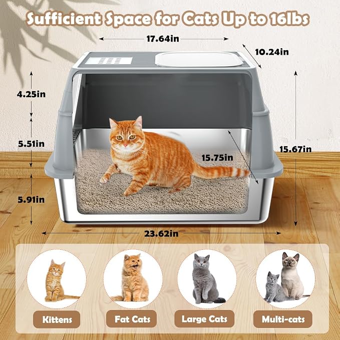 Vivifying Stainless Steel Litter Box with Lid, XL Front Entry Enclosed Extra Large Litter Box for Big Cats & Kitty, Top Exit Metal Cat Pan with Scoop, Mat, Trapping Step, Charcoal Filter (Gray)