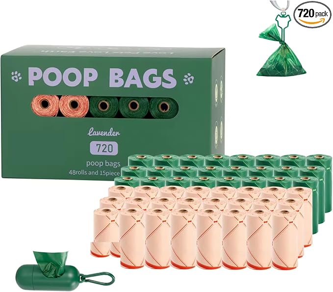 720 Count Compostable Lavender Scented Dog Poop Bags | Biodegradable, Extra Thick, Leak-Proof & Eco-Friendly | Free Dispenser Included | Vet-Approved for Dogs and Cats.