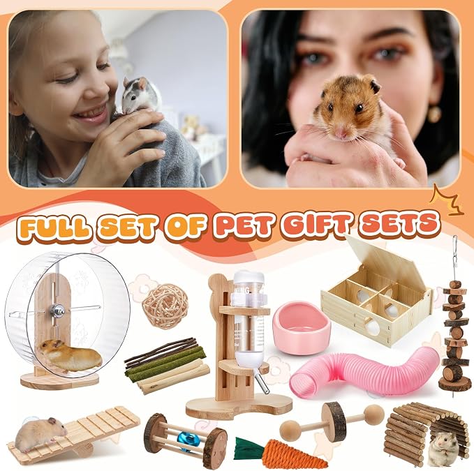 20 Pcs Hamster Toys Set, 16 Small Animal Chewing Toys, Maze Wood House, Silent Exercise Running Wheels and Water Bottle Set Feeding Bowl for Hamster Habitat Rat Cage Accessories(Pink)
