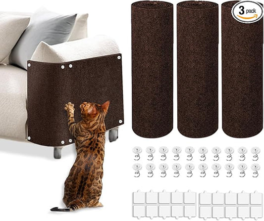 Cat Scratch Mat, 3PCS 39.4"x11.9" DIY Trimmable Self-Adhesive Cats Scratching Mat, Couch Protector from Cats Claw, Cat Scratch Furniture Protector Or Couch Protector (Brown)