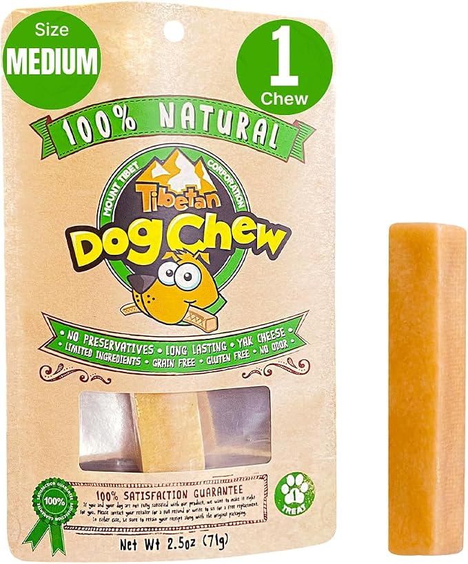 Tibetan Yak Cheese Dog Chew Sticks - Natural, Handmade, Long-Lasting, Easy to Digest,Ideal for Medium Dogs and Aggressive Chewers, Rawhide,Grain and Gluten Free, Keeps Dogs Busy, 1 Chew