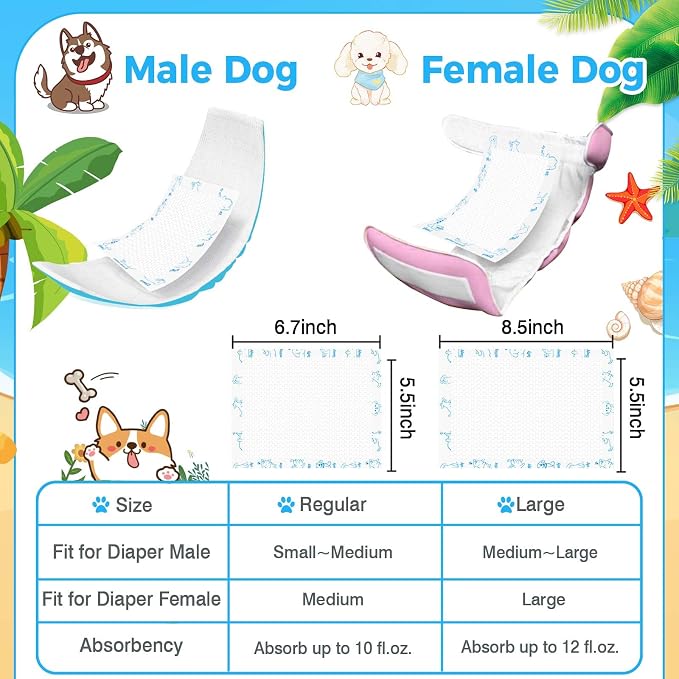 Dog Diaper Liners 100ct, Upgraded Ultra-Thin & Super Absorbent Dog Diapers Booster Pads for Male and Female Dogs, Disposable Doggy Diapers Inserts for Dog Belly Bands Wraps Period Panties (Regular)