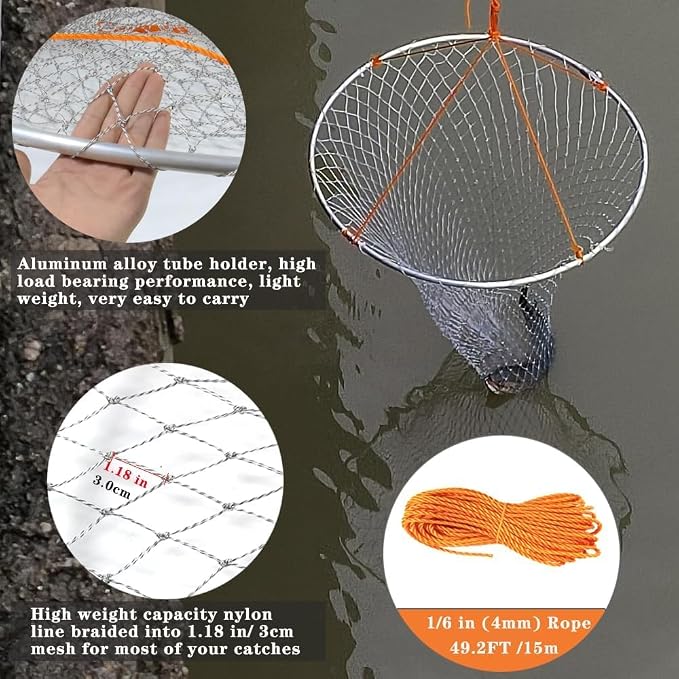 Drasry Large Collapsible Bridge Pier Fishing Net Landing Net with Rod, High Load Aluminum Ring Drop Net for Saltwater and Freshwater Pier Fishing Basket with 49.2 ft. Rope