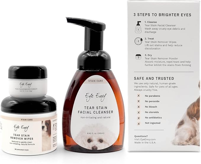 Eye Envy 3 Step Tear Stain Remover Kit for Dogs. for Clean, Stain-Free Eyes. Contains: Cleanser, Tear Stain Eye Wipes & Stain Powder. Non-irritating & Natural Dog Tear Stain Remover. Made in USA