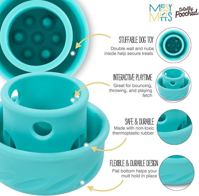 Messy Mutts Totally Pooched Puzzle 'n Play Mushroom | Stuffable Treat Toy for Dogs |Durable TPR | 4” x 3.5” (Large) Dog Toy | Teal