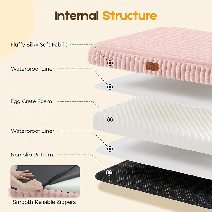 Orthopedic Dog Bed for Extra Large Dog, Waterproof Pet Bed for Crate,Non-Slip Bottom and Egg-Crate Foam with Removable Washable Cover Crate Bed,Pink,41"x27"x4"