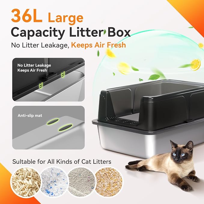 Stainless Steel XL Cat Litter Box for Cats, High-Sided Design Prevents Urine Leakage, Non-Stick, Easy to Clean, Includes Scoop, Black