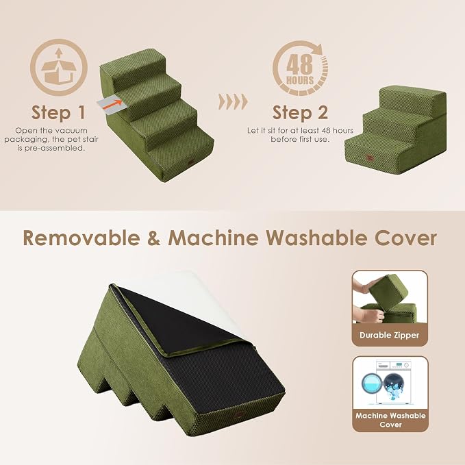 EHEYCIGA Dog Stairs for Small Dogs 13.5" H, 3-Step Dog Steps for Couch Sofa and Chair, Pet Steps for Medium Cats, Non-Slip Balanced Pet Ramp Indoor, Olive Green