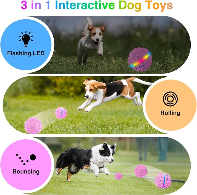 Interactive Dog Toys, Waterproof Smart Dog Ball, Rechargeable Moving Bouncing Dogs Ball with RGB Lights, 3 in 1 Play Modes Keeps Dogs Busy, E-TPU Material for Small Medium Dogs