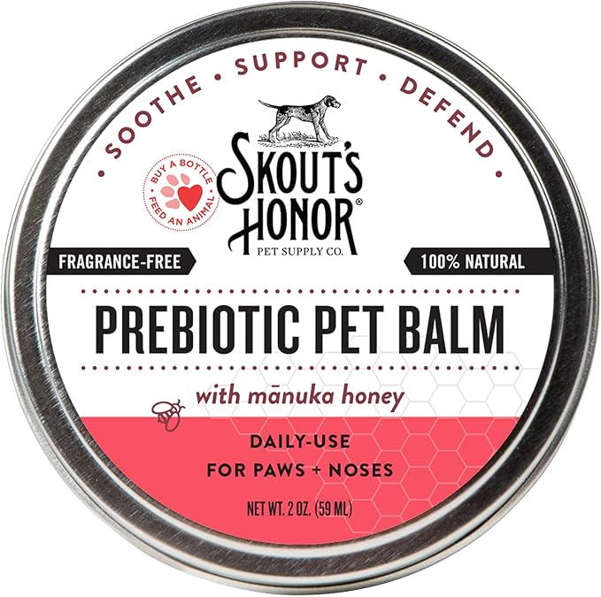 SKOUT'S HONOR Prebiotic Pet Balm - 100% Natural and Made w/Manuka Honey to Promote Healing of Your pet's paw Pads and Nose, Soothes Dry, Itchy Paws and Noses - Safe for Cats and Dogs, 2oz, 1-Pack