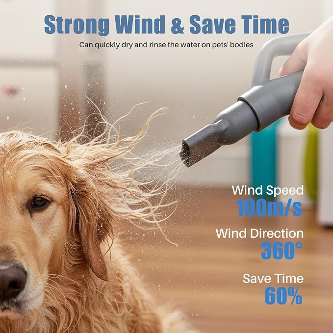 DUMOS Pet Blow Dryer Grooming Vacuum Kit, Dog Low Noise Hair Dryer with Adjustable Wind Speed & Heater Temperature, Cool-Warm-Hot Cycle Mode, 4 Nozzles, 6.5 FT Cord, Grey