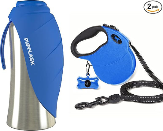 Tuff Pupper Retractable Dog Leash and 27oz Pupflask Portable Water Bottle - Blue