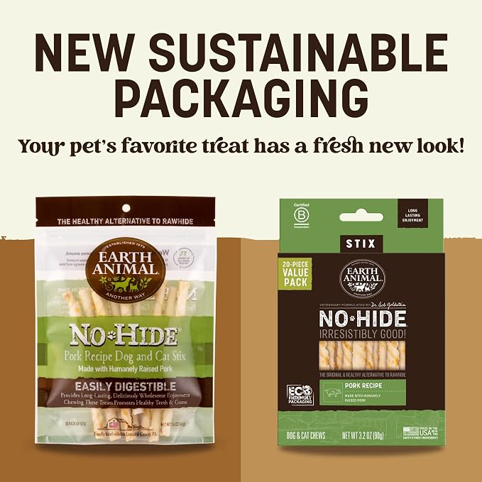 Earth Animal No Hide Stix - Long Lasting Rawhide Free Small Dog Chews Sticks, Pork - 30 Count